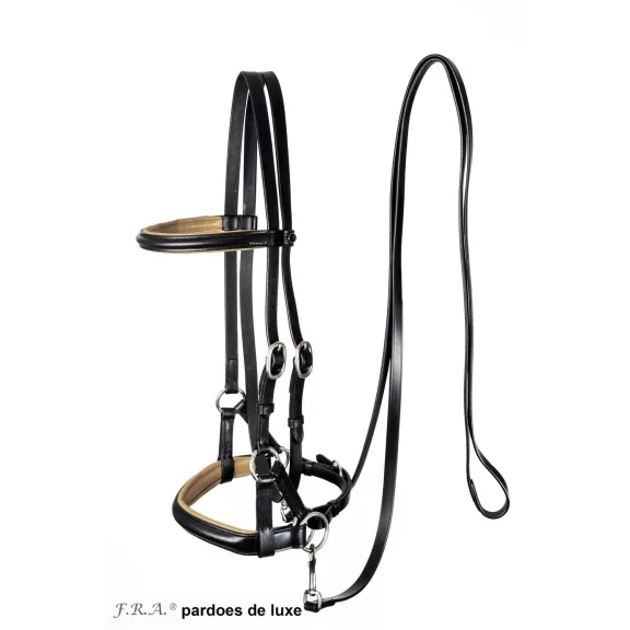 F.R.A. Pardoes de luxe sidepull kantár (syst.3) fekete-bézs leather, szárral shetty