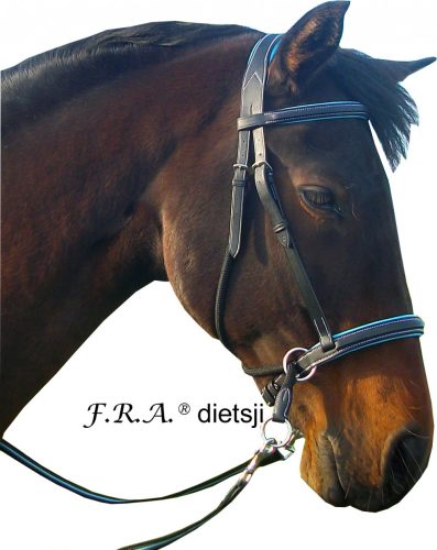 F.R.A. Dietsji zabla nélküli kantár szárral(syst.5) fekete bőr égkék díszítés,  pony