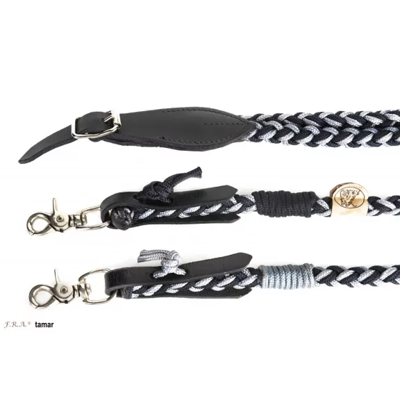 F.R.A. Tamar / polypropilén szár szürke-fekete körfonott, karabínerrel 300cm bőr végekkel