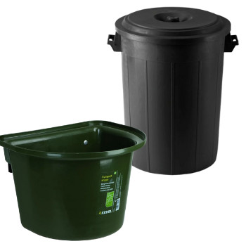 Abrakos vödör, etetőtál, takarmánytároló, adagolókanalak